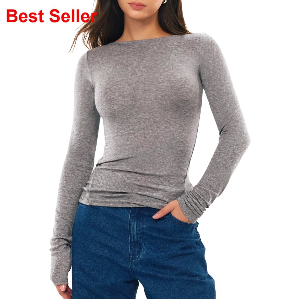 Merino Wool Blend Long Sleeve Boat Neck Fitted Tee Tops